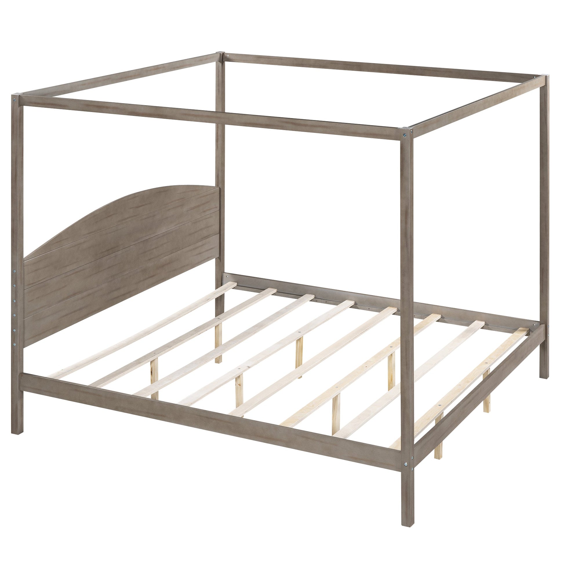 King Size Canopy Platform Bed with Headboard and Support Legs, Brown Wash - Korvel