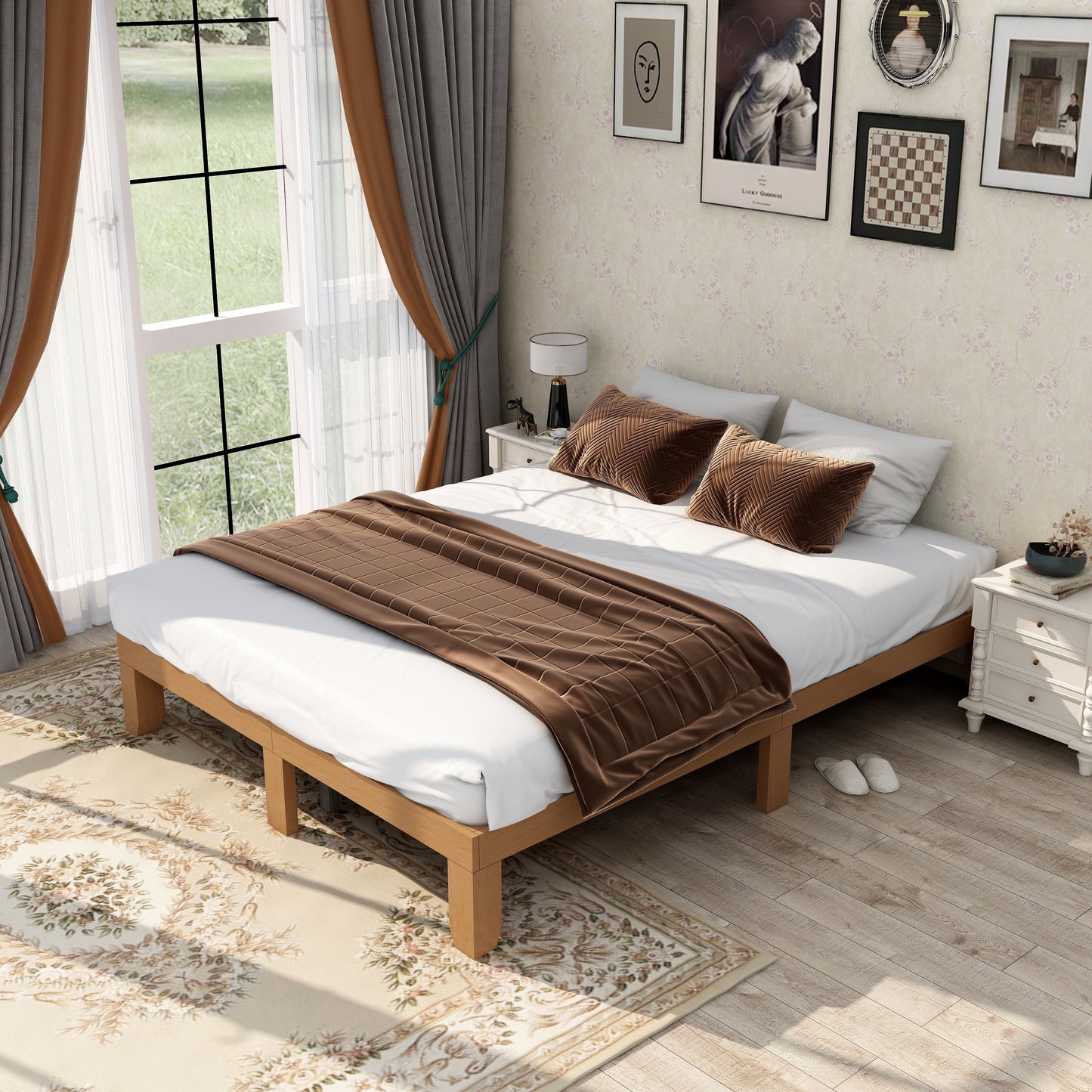 Queen Size Wood Platform Bed Frame,No Box Spring Needed,Strong Wood Slat Support, Easy Assembly - Korvel
