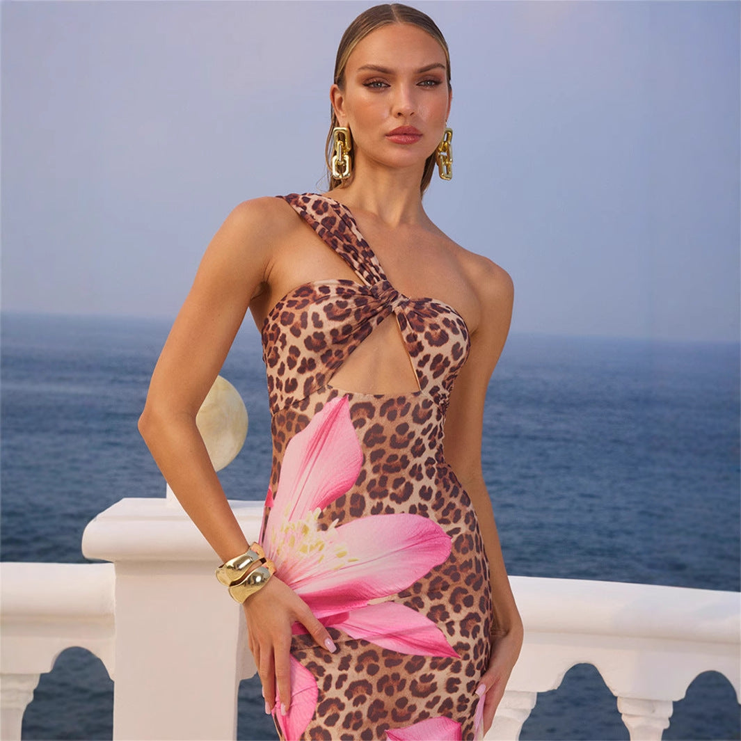 Leopard Print Slim Sexy Backless Long Dress for Women - Korvel