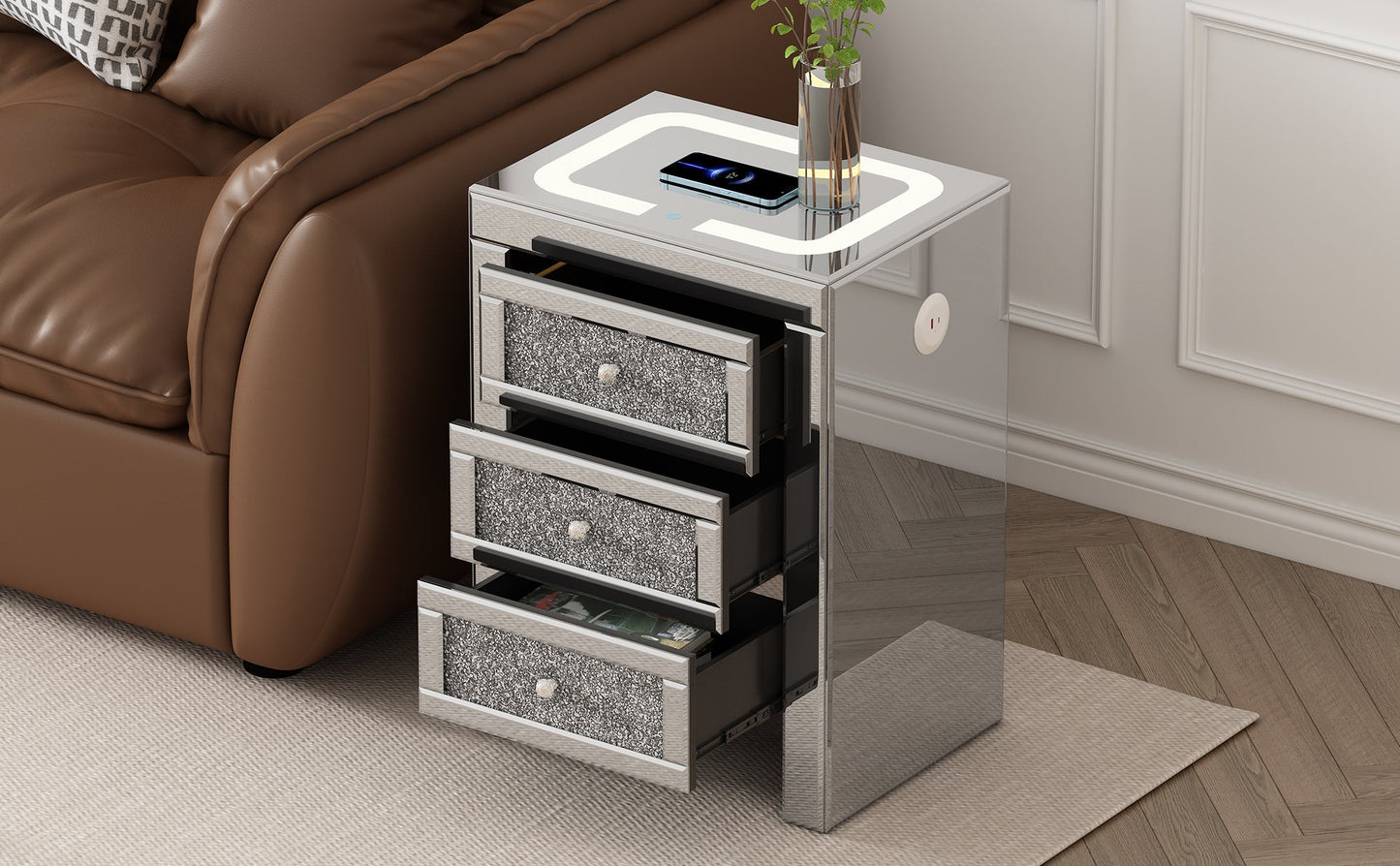 U-Can 15.7" Silver Rectangular Mirror Coffee Table with Charging Function