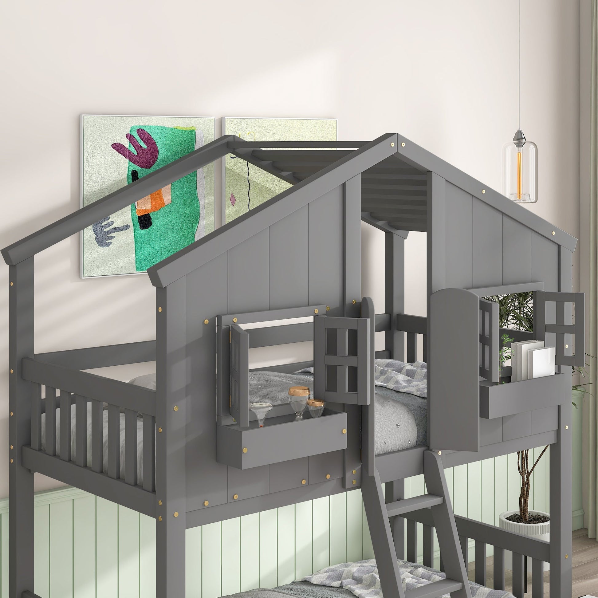 Twin over Twin House Bunk Bed with Roof , Window, Window Box, Door , with Safety Guardrails and Ladder, Grey - Korvel