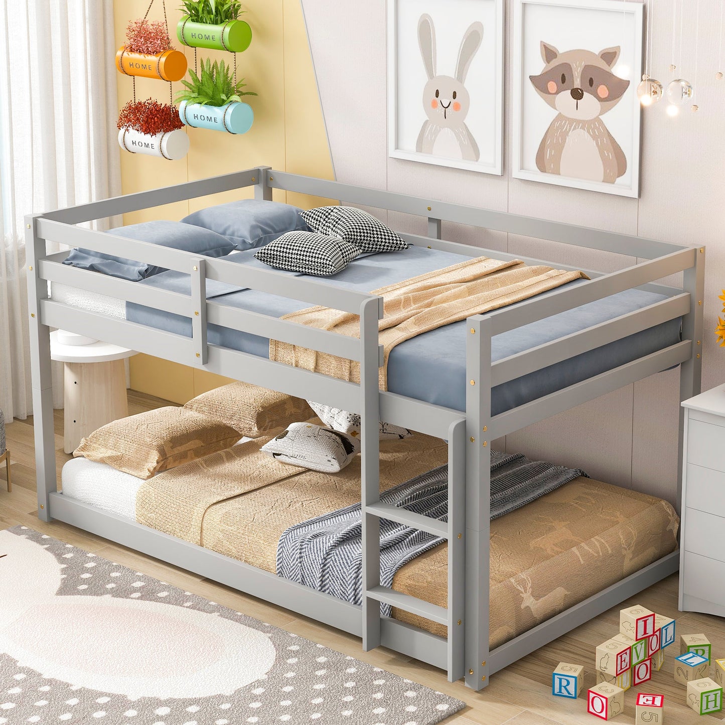 Twin over Twin Floor Bunk Bed,Grey - Korvel