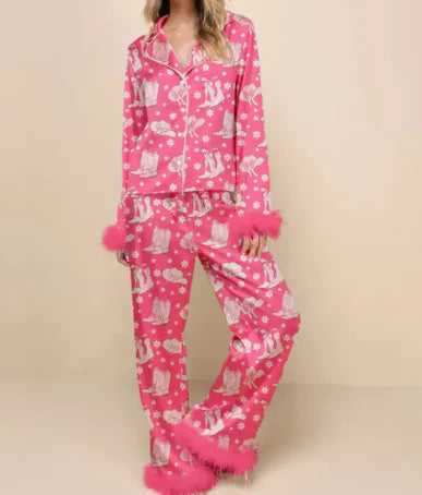 Christmas Satin Printed Long Sleeve Pajama Suit