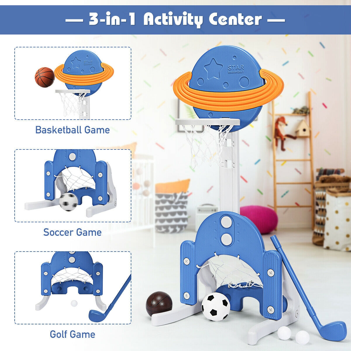 Juego de Baloncesto Ajustable 3 en 1 para Niños - Azul