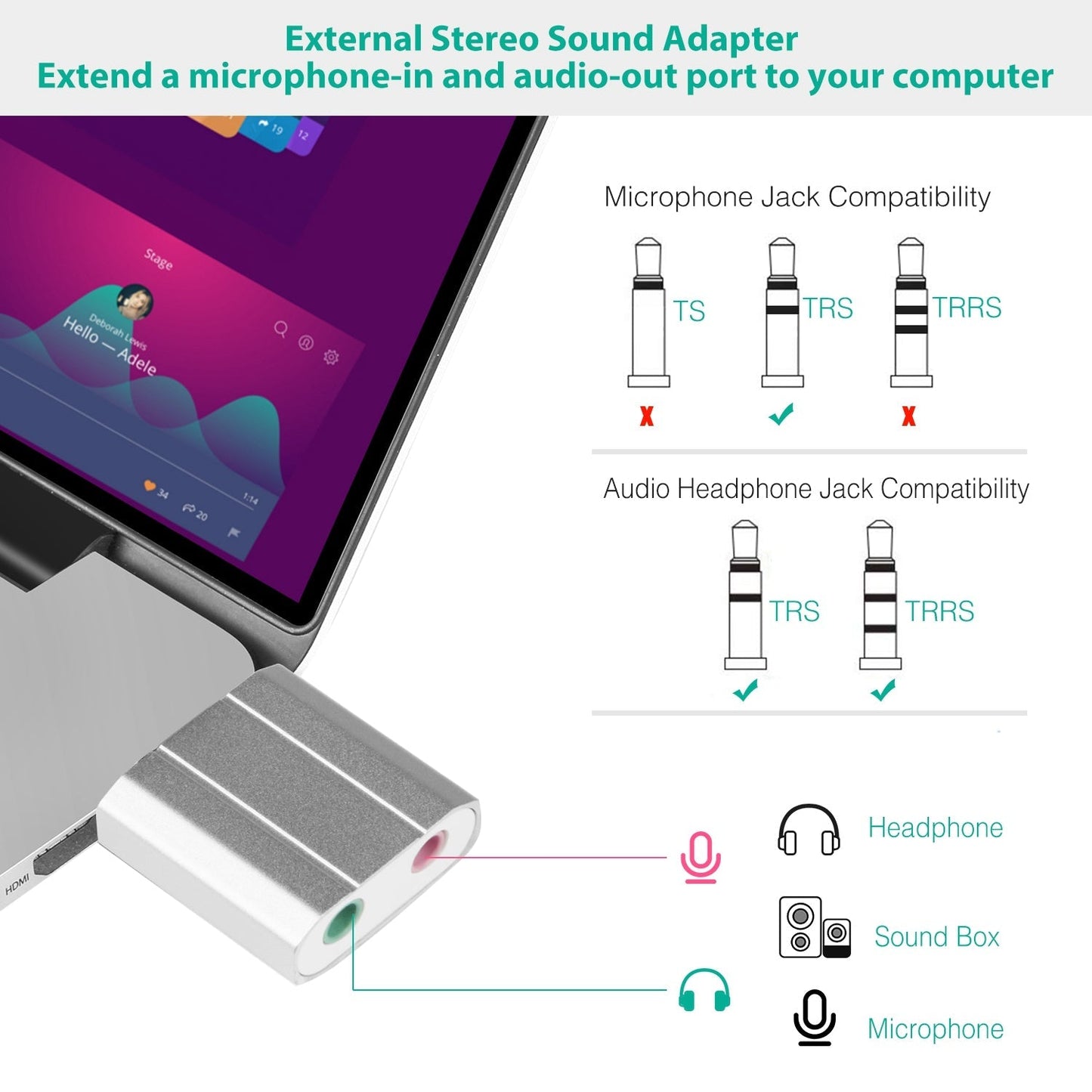 USB Audio Adapter - External Stereo Sound Card for PC & Laptops