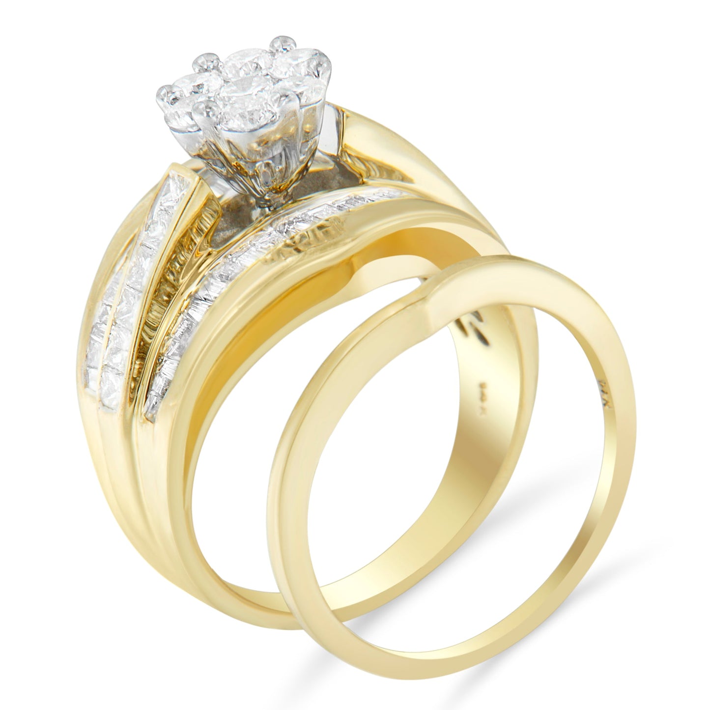 Ensemble de Bagues de Fiançailles en Or Jaune 14K avec Diamants en Cluster en Forme de Chevron - Tai
