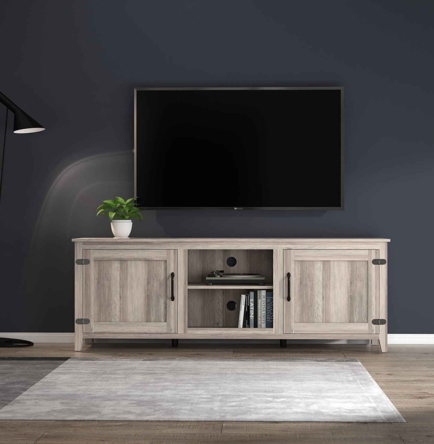 Grey Walnut TV Stand Storage Media Console with Two Doors