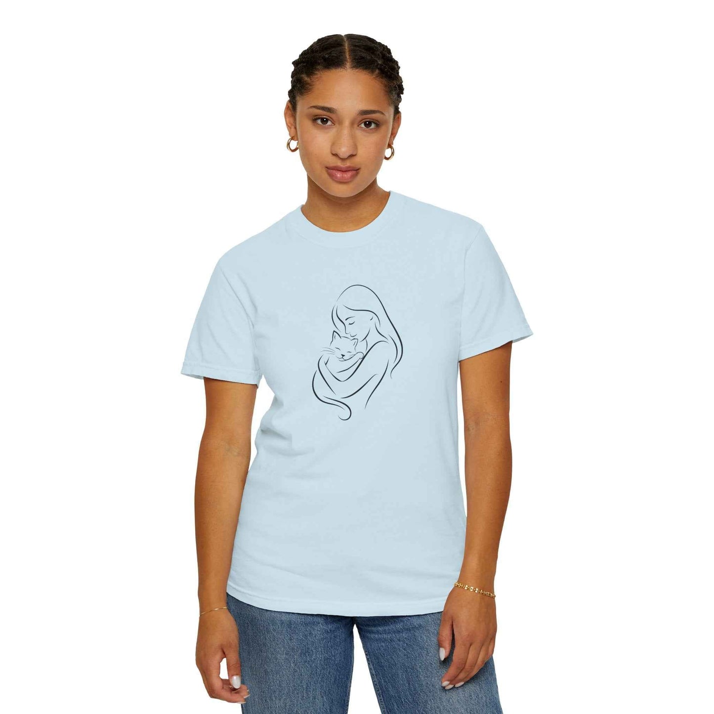 Camiseta Madre y Gato Abrazo | Camiseta Minimalista de Arte Lineal para Mamás de Gatos