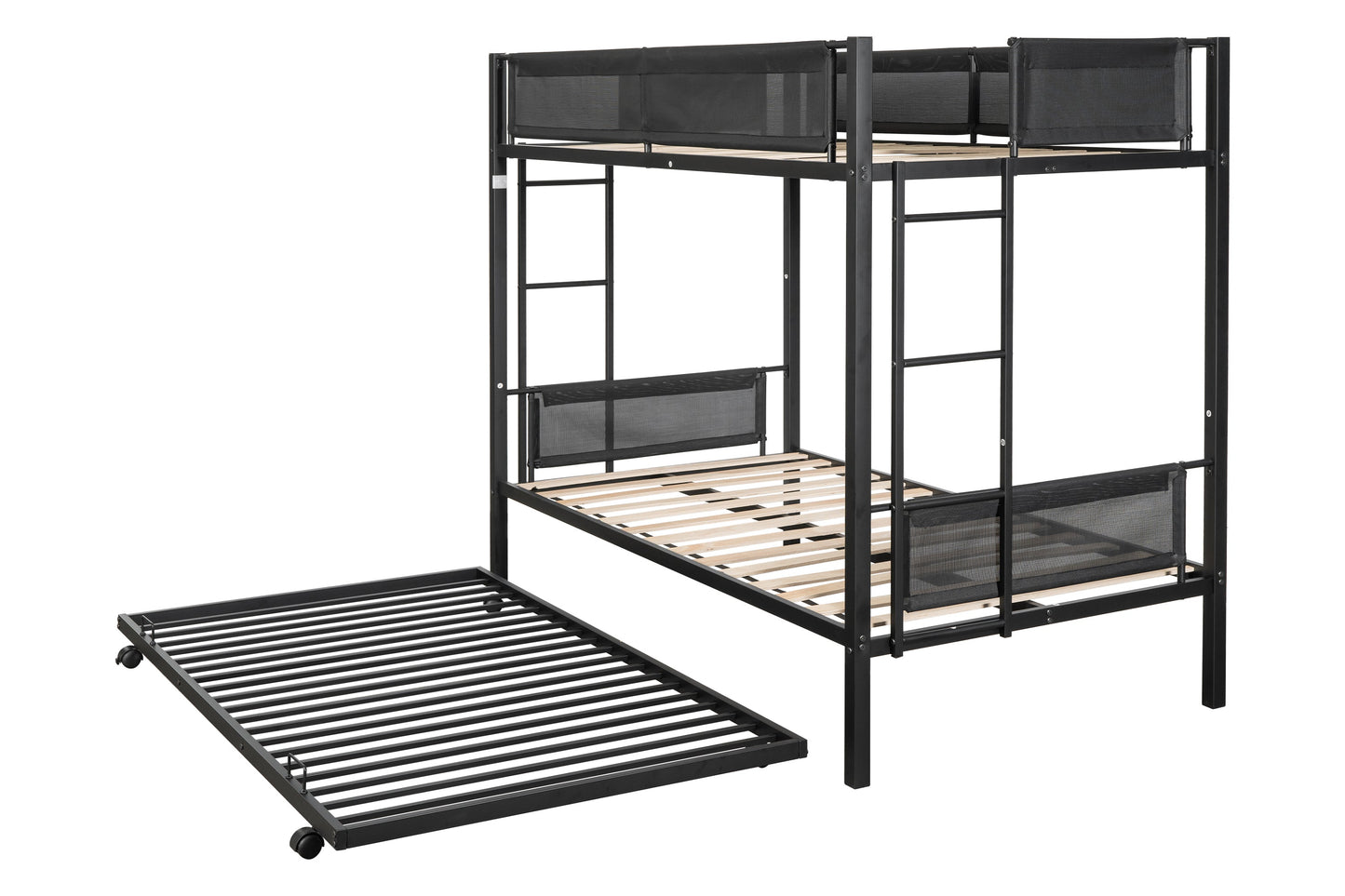 Metal double bed with casters/sturdy frame/no noise/comfortable guardrail/2 side ladders/no need for spring box - Korvel