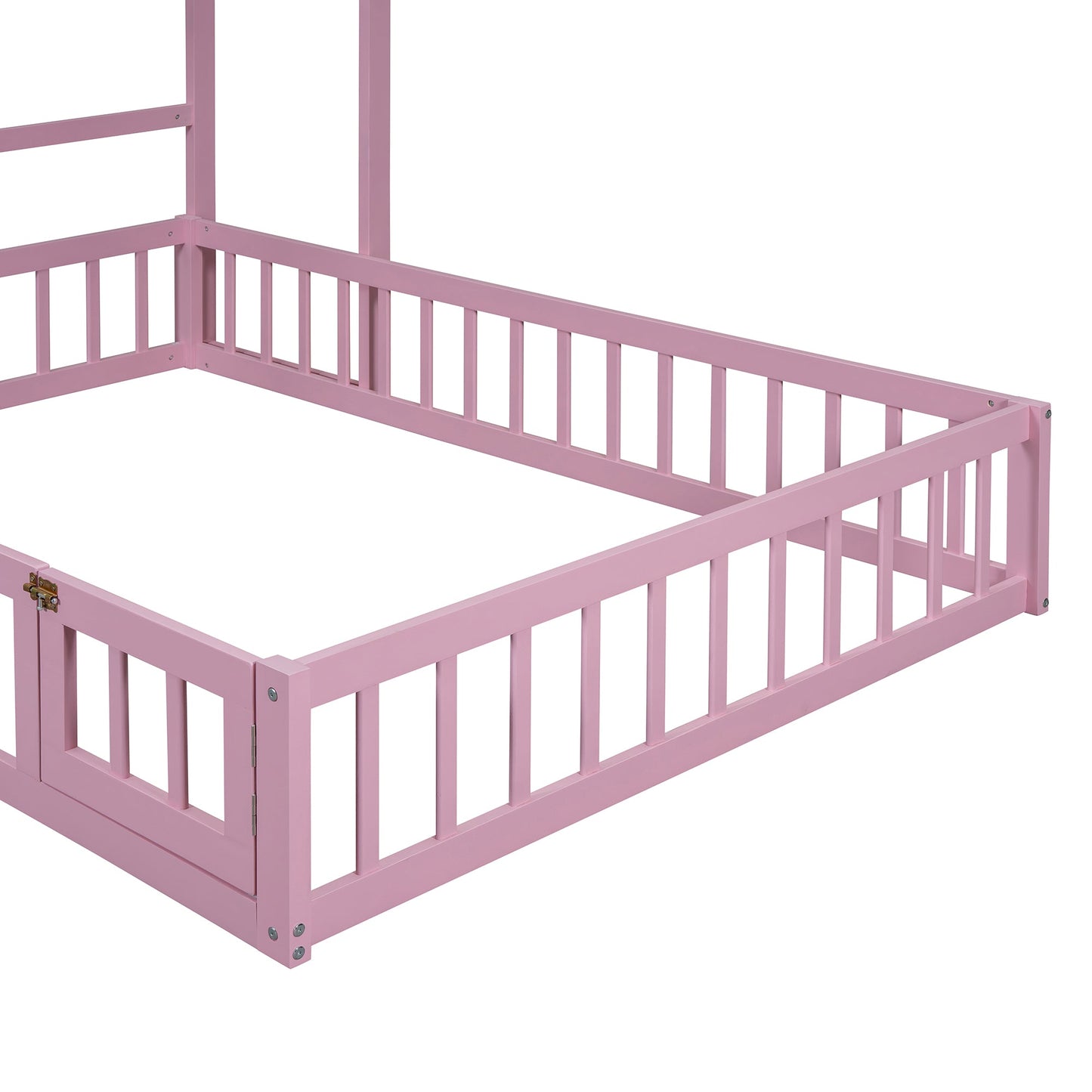 Wooden Full Size Children's Bed with Detachable Headboard and Integrated Clothes Drying Rack, Pink - Korvel