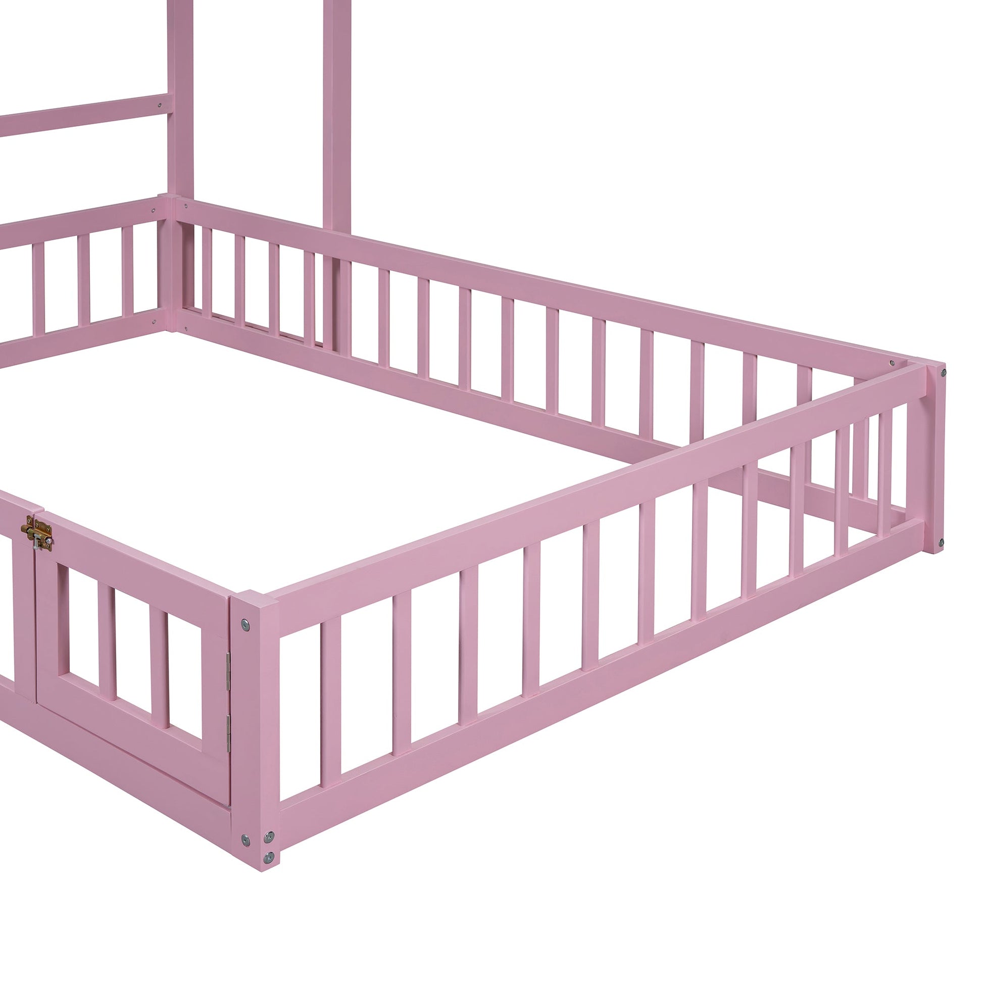 Wooden Full Size Children's Bed with Detachable Headboard and Integrated Clothes Drying Rack, Pink - Korvel