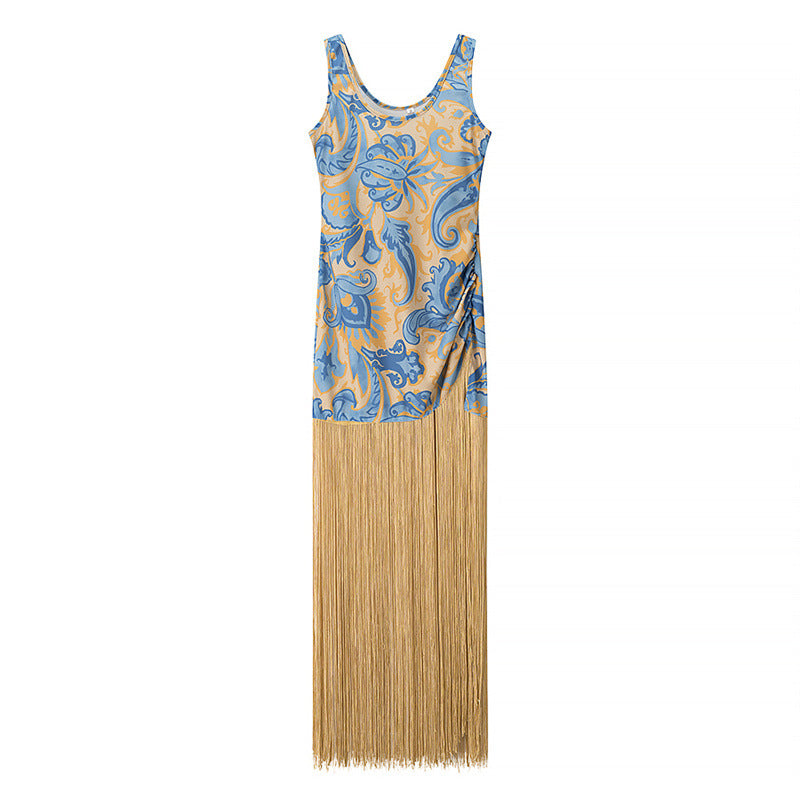 Robe élégante sans manches à franges imprimée