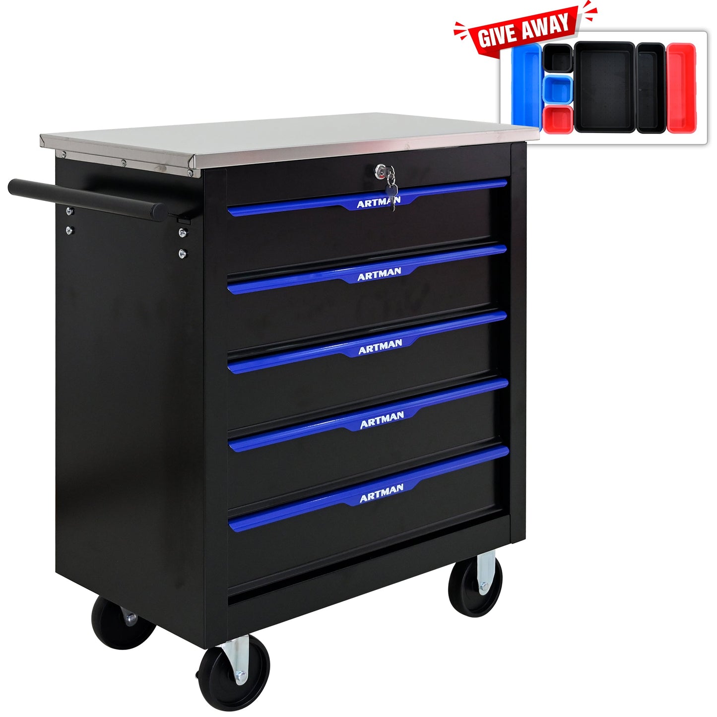 5 DRAWERS MULTIFUNCTIONAL TOOL CART WITH WHEELS-BLACK+BLUE - Korvel