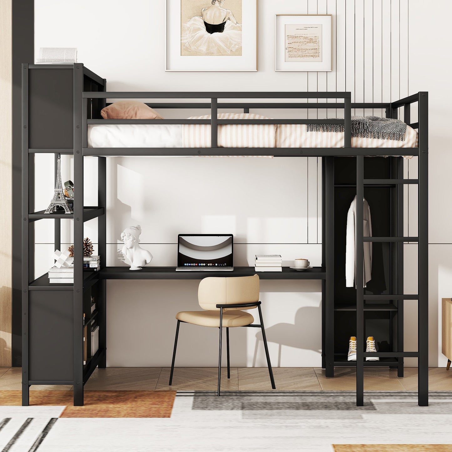 Lit mezzanine en métal premium avec armoire et bureau