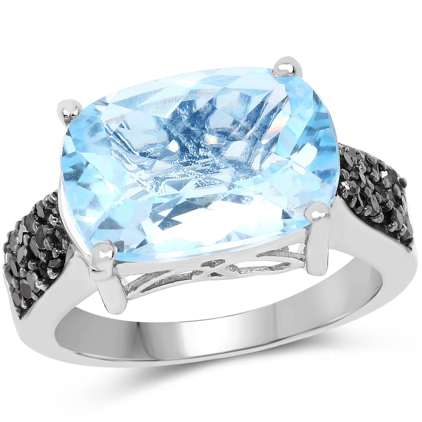 Anillo de plata esterlina con topacio azul suizo de 3.96 quilates y diamantes negros