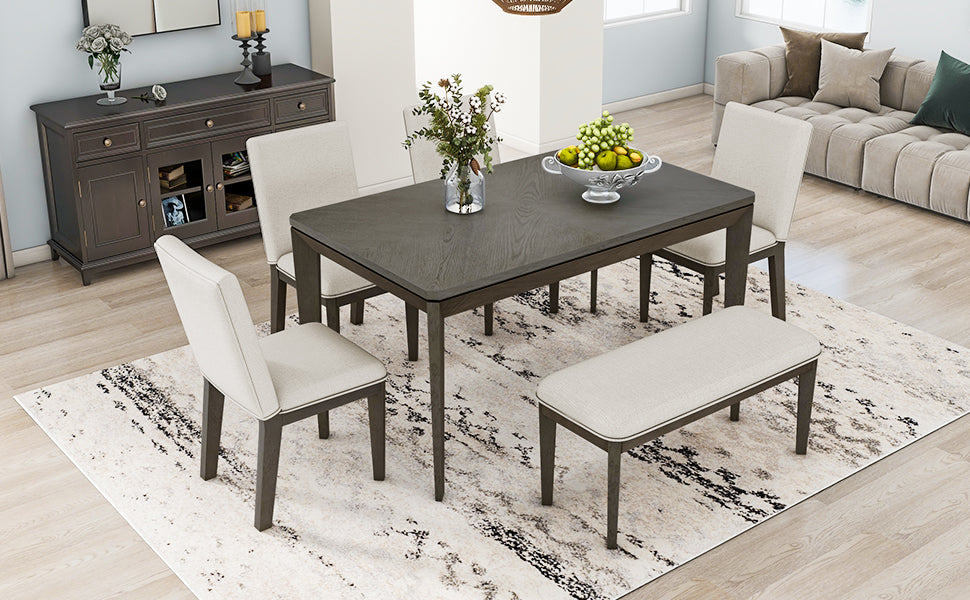 TOPMAX 6-Piece Dining Table Set with Upholstered Dining Chairs and Bench Farmhouse Style Tapered Legs Dark Gray+Beige - Korvel