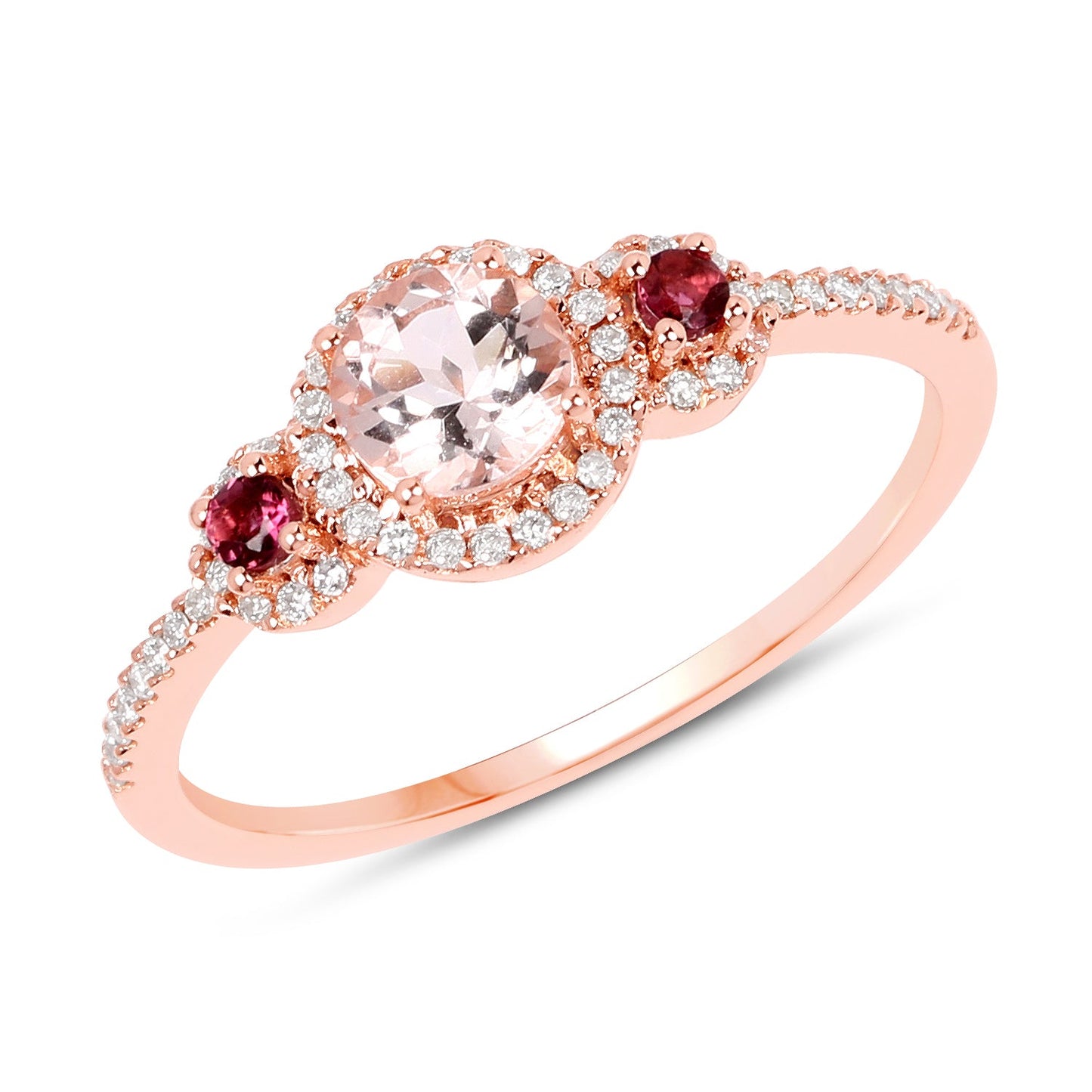 Bague en or rose 14K avec morganite de 0,63 carat, tourmaline rose et diamant
