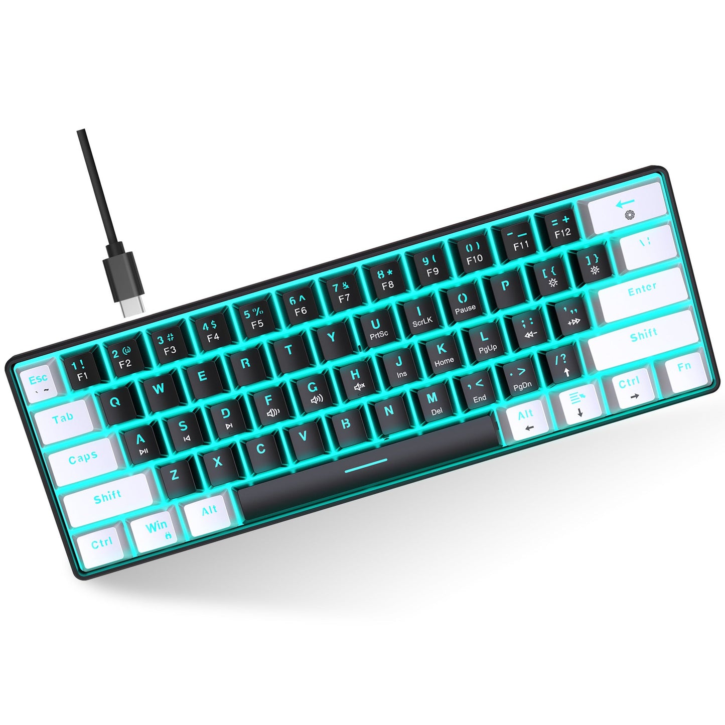 Mechanical keyboard 61 key short style small keyboard for office typing, black and white dual splicing ice blue backlit blue axis gaming keyboard - Korvel