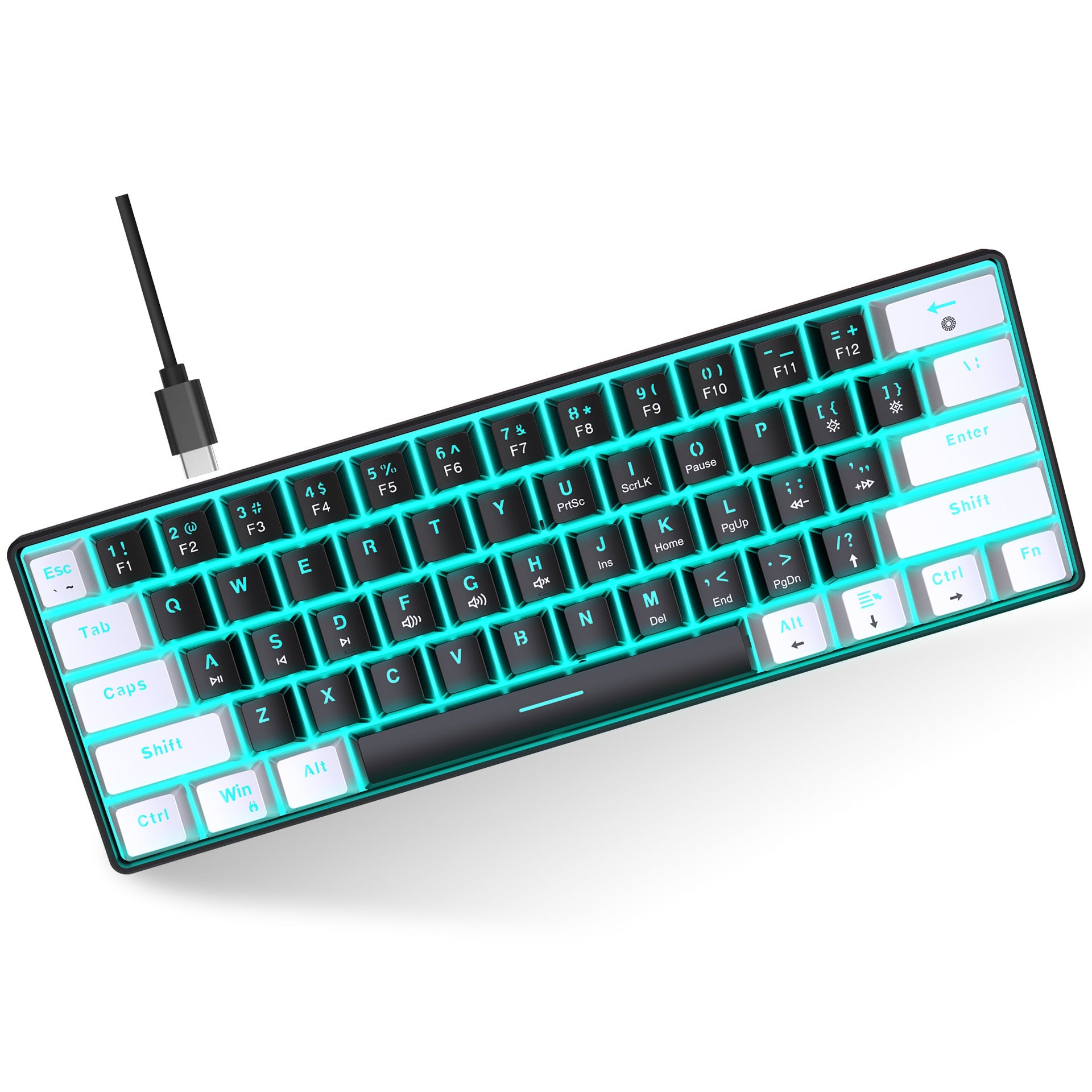 Mechanical keyboard 61 key short style small keyboard for office typing, black and white dual splicing ice blue backlit blue axis gaming keyboard - Korvel