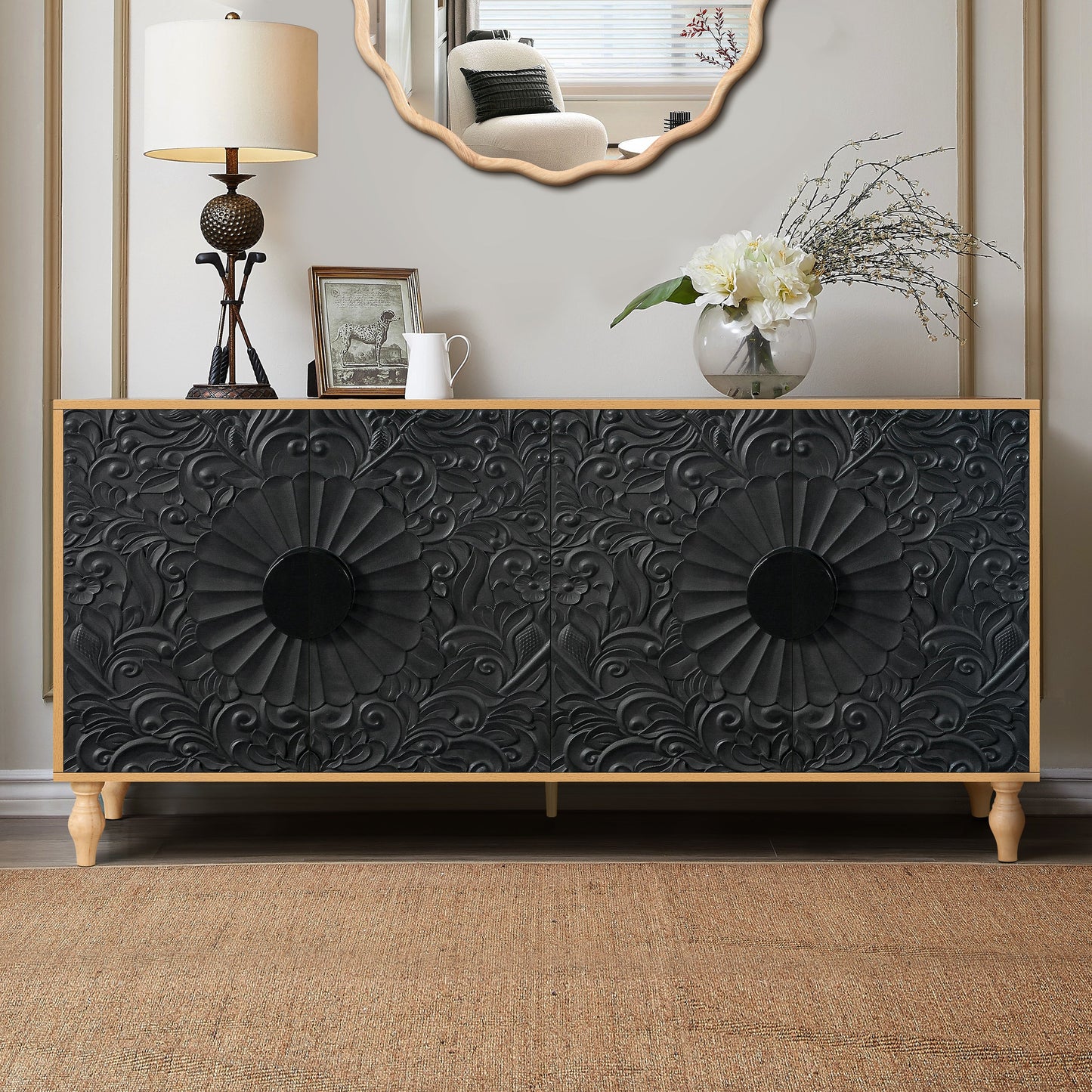 Black Carved Symmetrical Design Door And Wood Coloured Frame For TV Stand Table,Living Room ,Entryway - Korvel