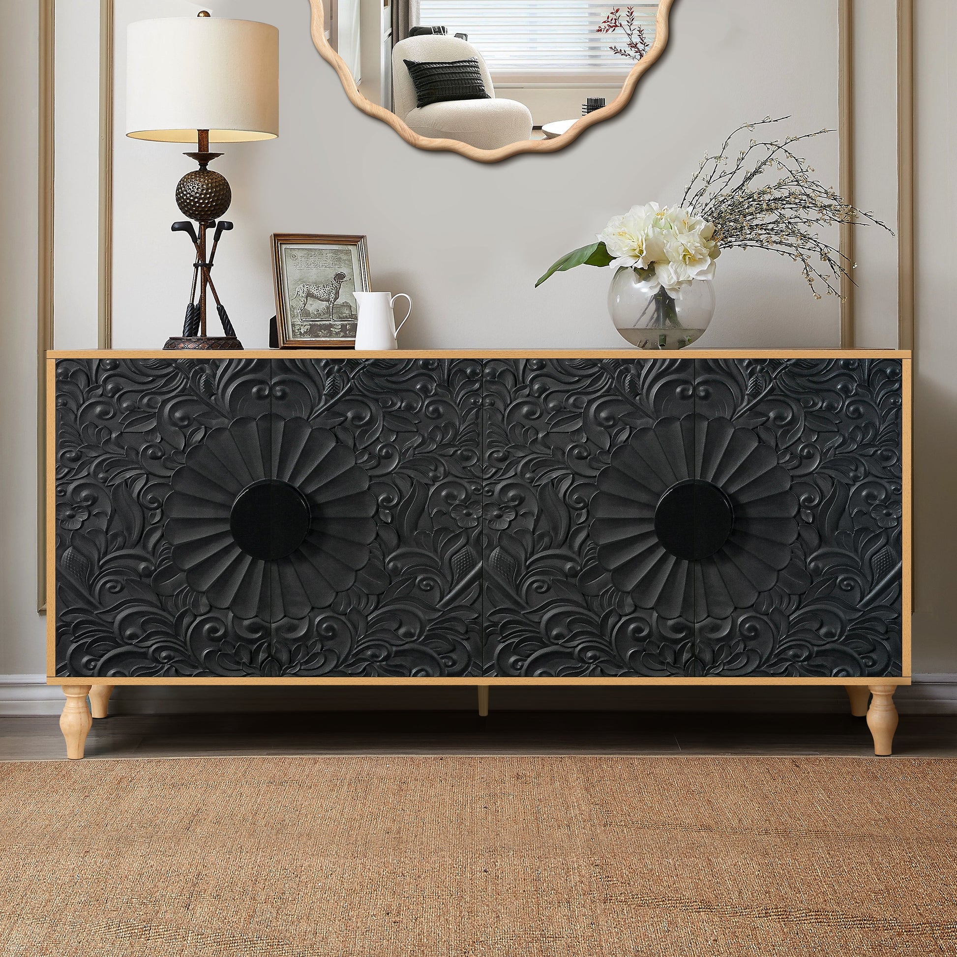 Black Carved Symmetrical Design Door And Wood Coloured Frame For TV Stand Table,Living Room ,Entryway - Korvel