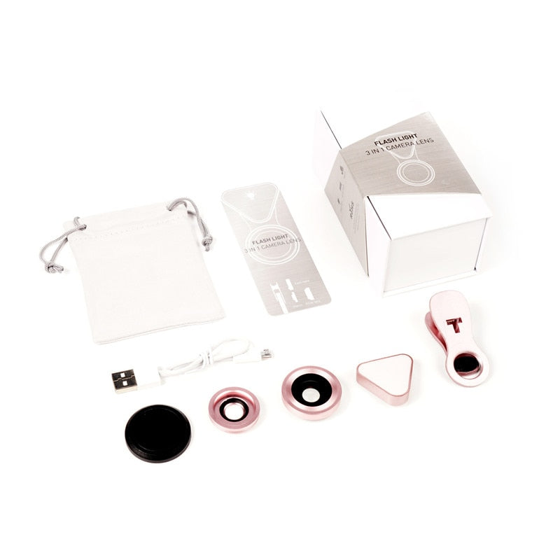 3 in 1 Phone Lens, LED Flish Light Lens For iphone SE X 8 7 6 6S Fish Eye Lens 0.4-0.6X Wide Angle+10X Macro Clip-on Lens - Korvel