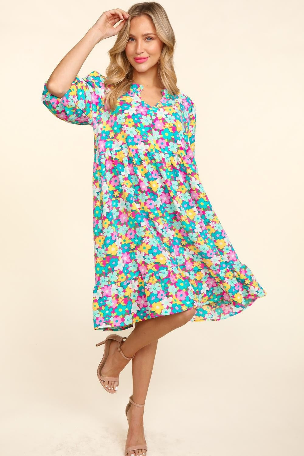 Vestido Floral con Mangas Abullonadas y Volantes para Mujeres