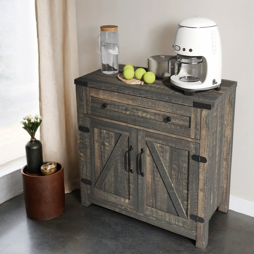 Modern Farmhouse Double Barn Door Accent Cabinet, 30 Inch,BLACK PINE - Korvel