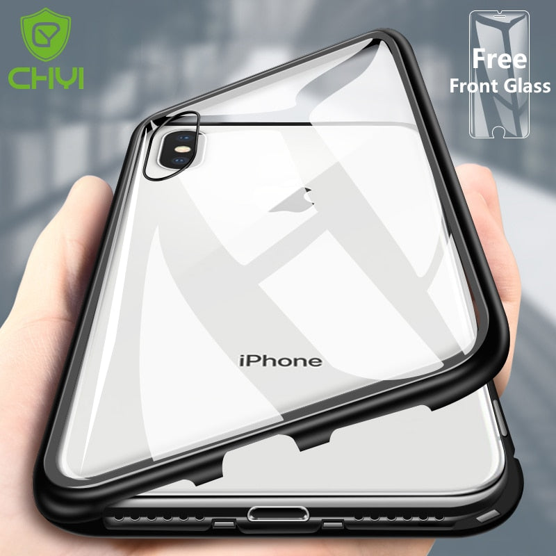 Double sided  Magnetic Case for iPhone X Clear Tempered Glass Magnet Adsorption Case - Korvel