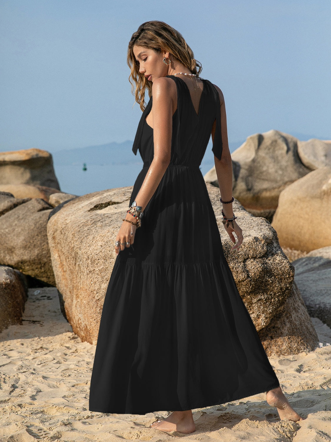 Elegant White V-Neck Tie Shoulder Maxi Dress