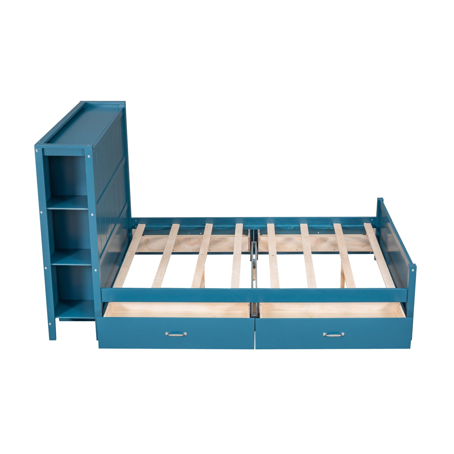 Lit plateforme bleu de taille complète avec tiroirs et étagères de rangement