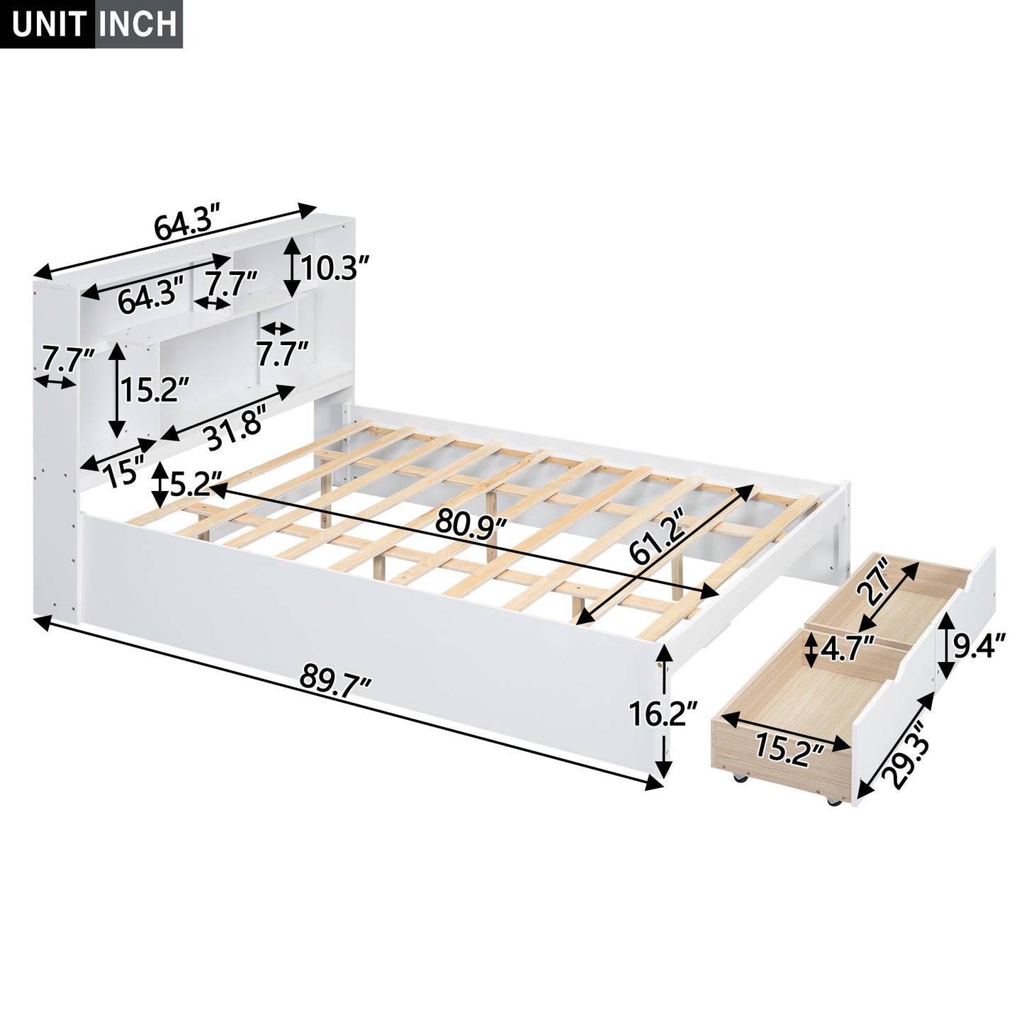 Elegant Queen Size Platform Bed with Storage Headboard, White