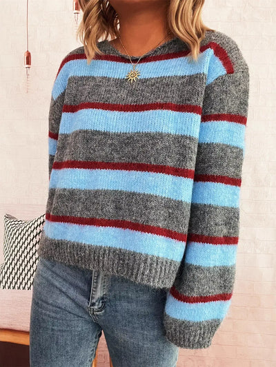 Chic Striped Long Sleeve Sweater with Round Neck - Korvel