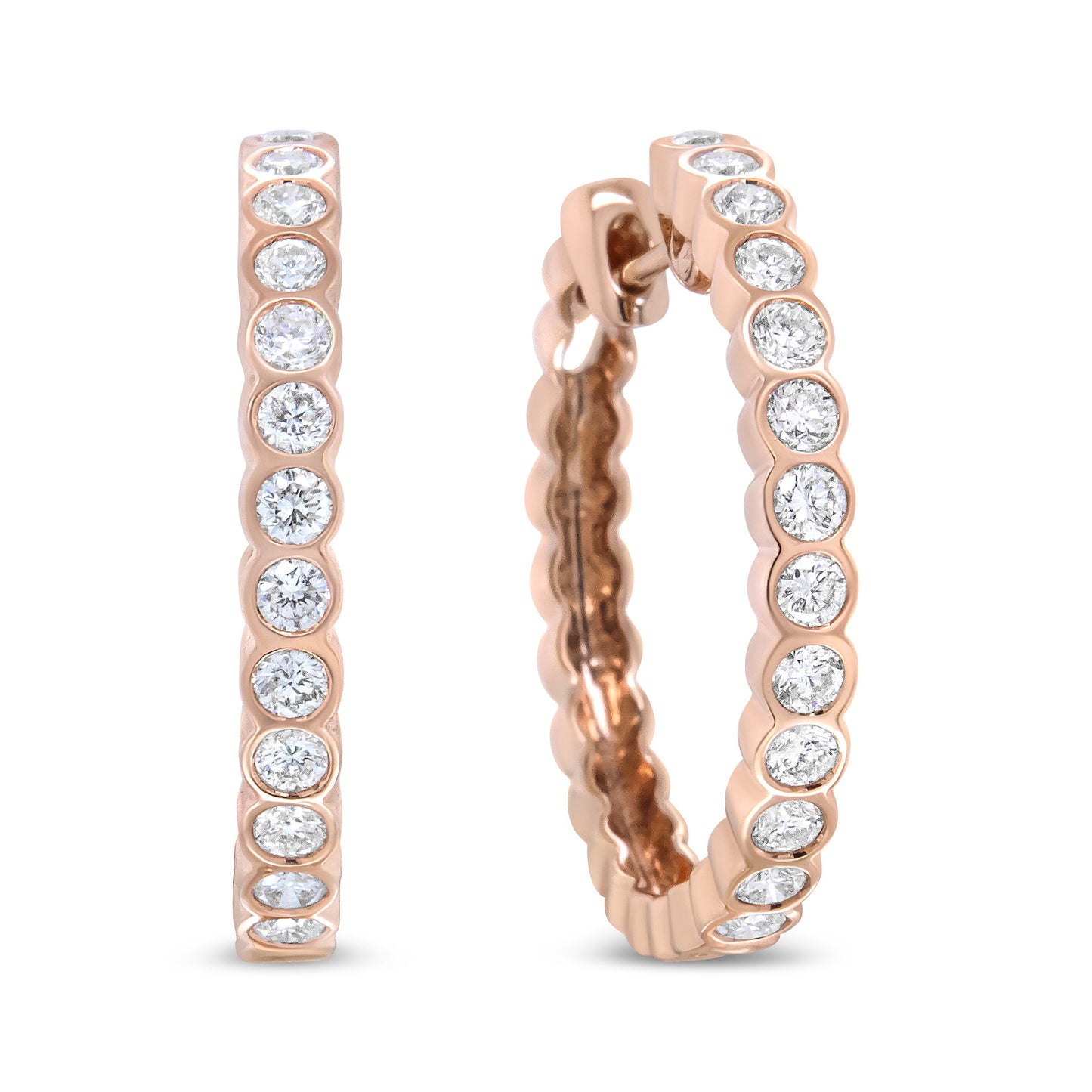 18K Rose Gold Diamond Hoop Earrings - 1 Cttw