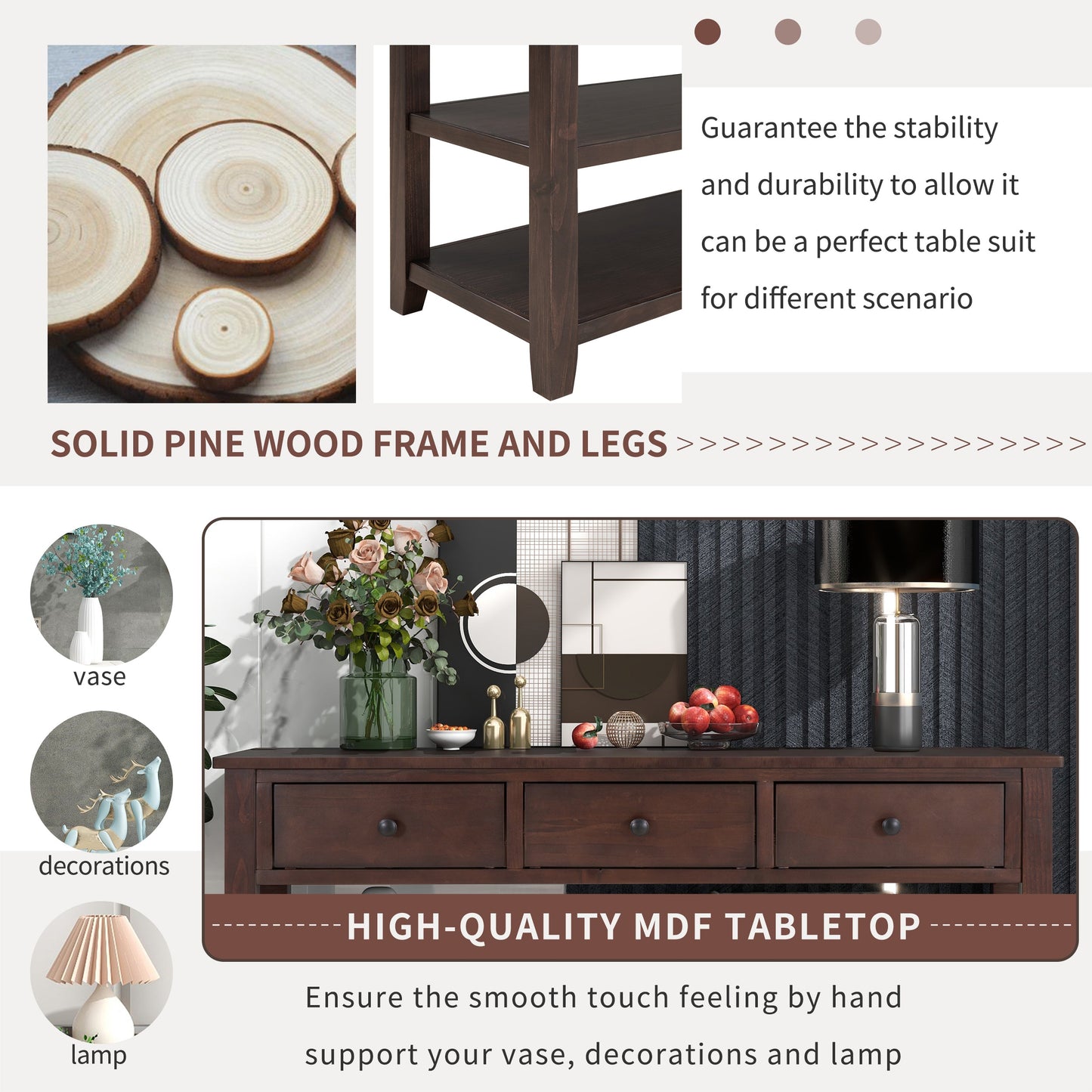 Retro Design Console Table with Two Open Shelves, Pine Solid Wood Frame and Legs for Living Room (Espresso) - Korvel