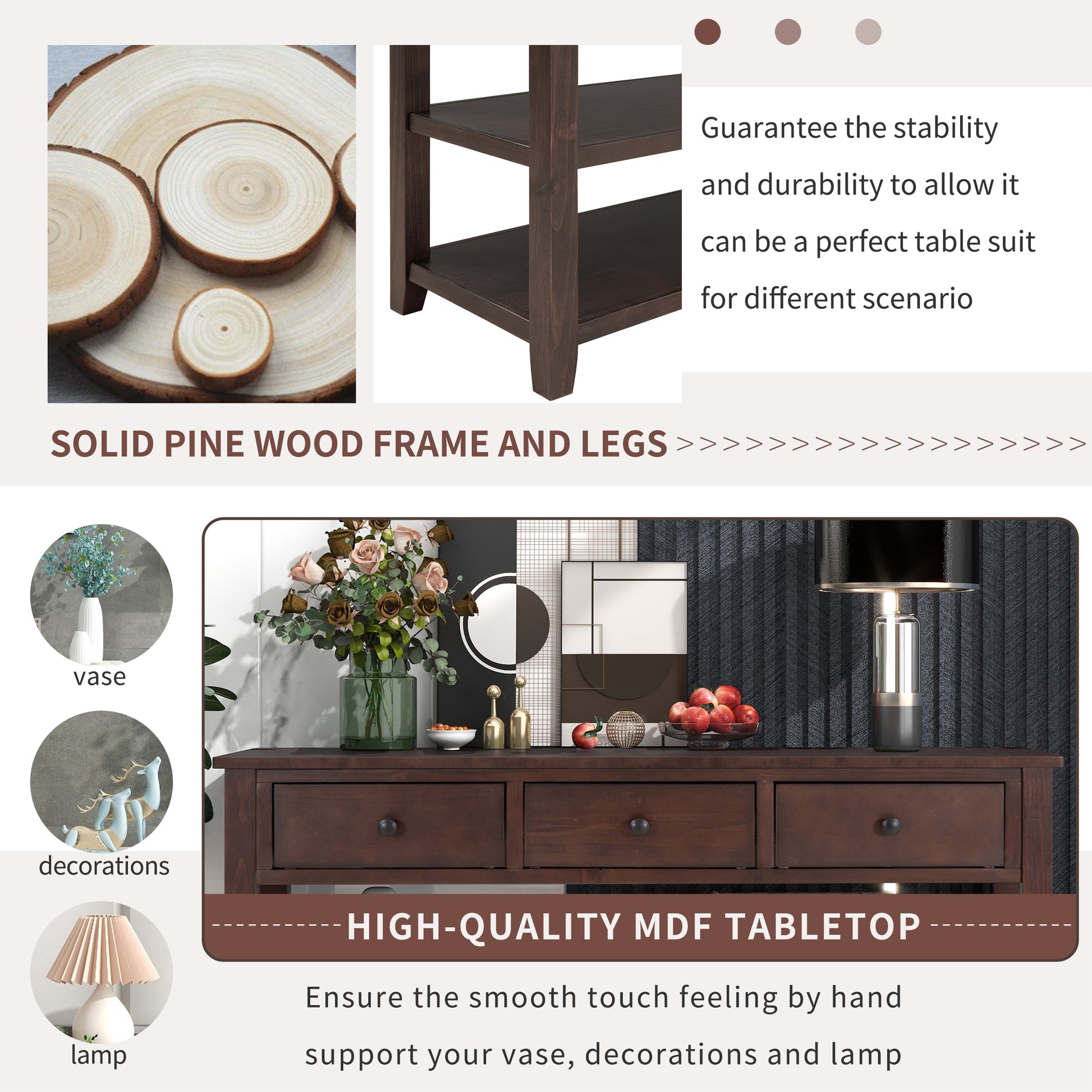 Retro Design Console Table with Two Open Shelves, Pine Solid Wood Frame and Legs for Living Room (Espresso) - Korvel