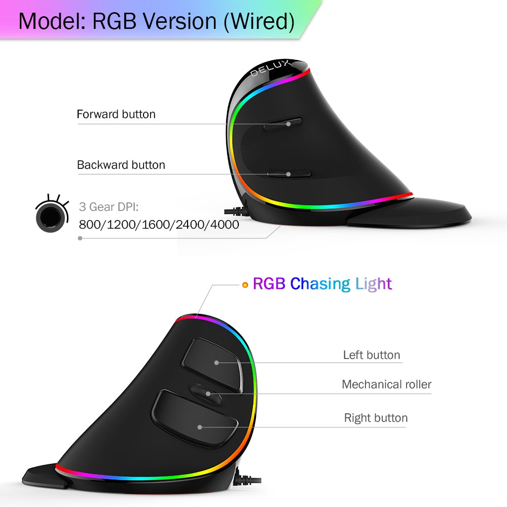 Delux M618 PLUS Ergonomics Vertical Gaming Mouse 6 Buttons 4000 DPI RGB Wired/Wireless Right Hand Mice For PC Laptop Computer - Korvel
