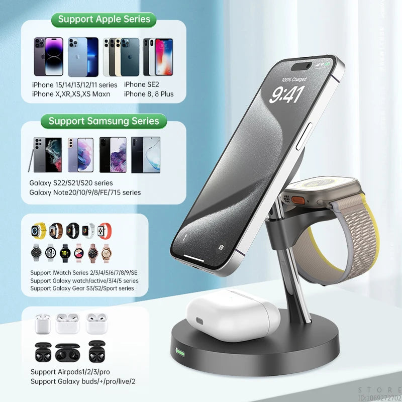 Chargeur sans fil magnétique 3-en-1 en alliage de zinc premium