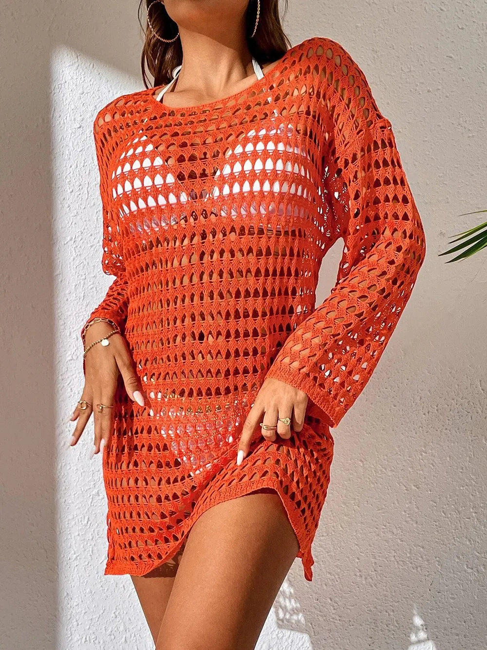 Knitted hollowed out pullover round neck long sleeved bikini swimsuit cover - Korvel