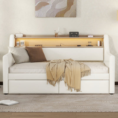 Twin Size Daybed with Drawers, Upholstered Daybed with Charging Station and LED Lights, White - Korvel