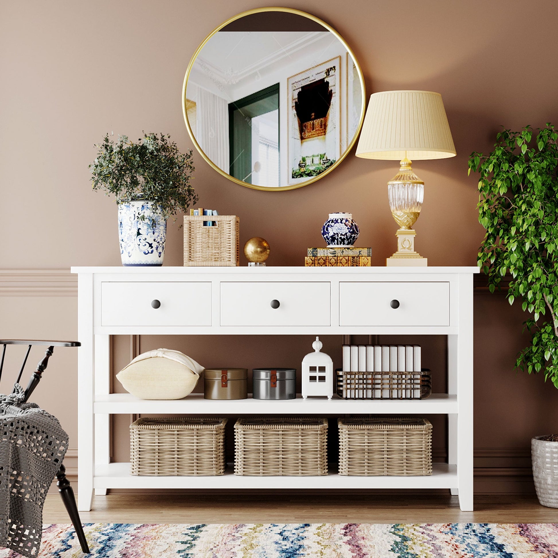 Retro Design Console Table with Two Open Shelves, Pine Solid Wood Frame and Legs for Living Room (Antique White) - Korvel