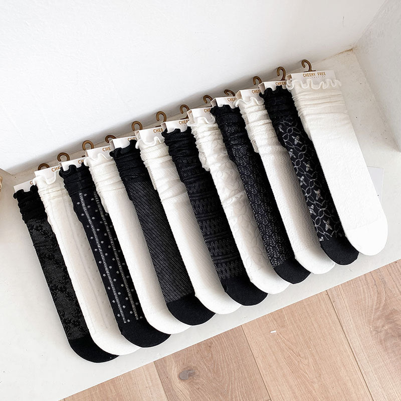 1 pair of socks for women summer thin black middle tube socks Japanese lace ballet style socks mesh breathable pile socks - Korvel