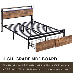 Full size bedstead with storage headboard and 2 drawers, LED light bed with charging station, metal Flat noodles support - Korvel
