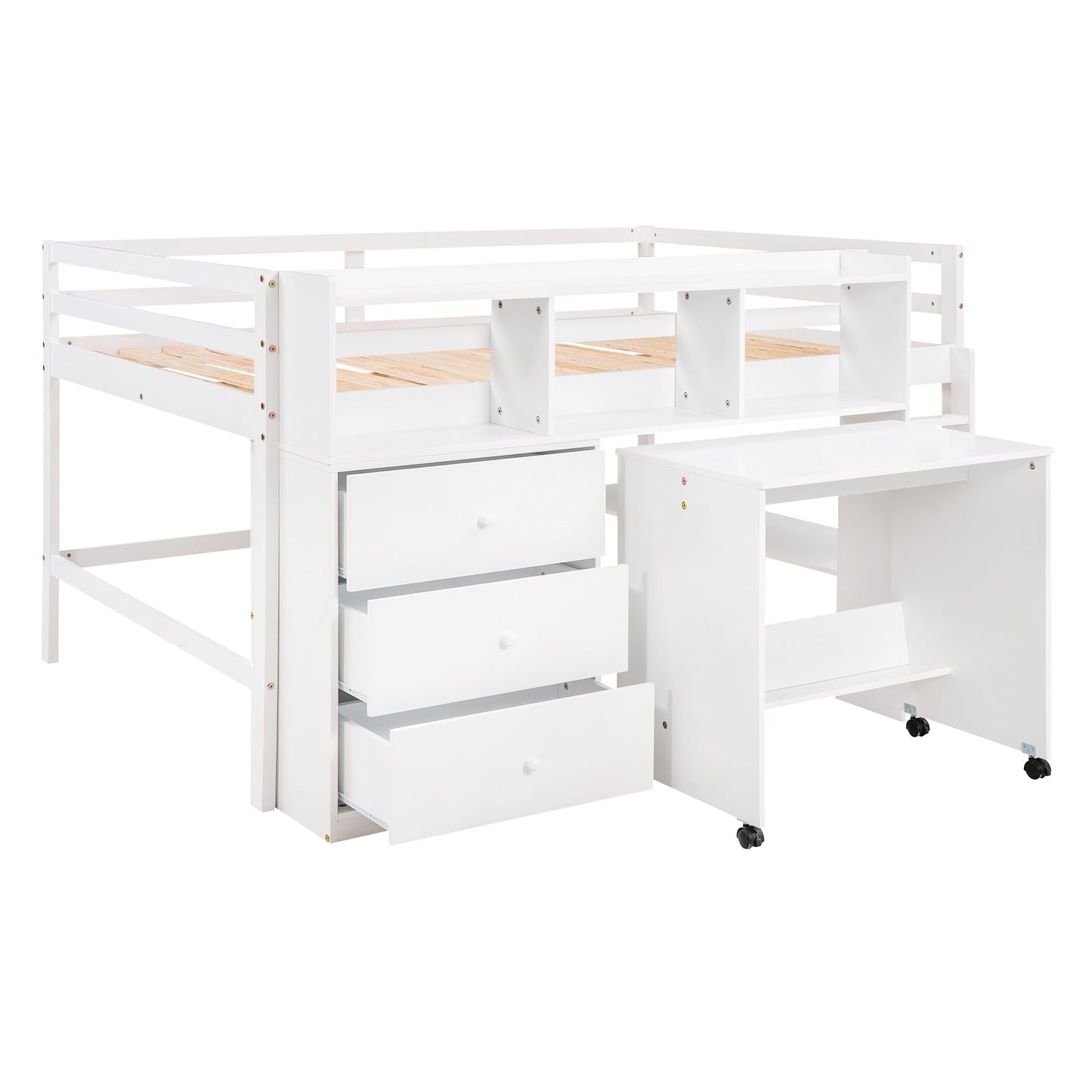 Full Size Low Loft Bed with Rolling Portable Desk, Drawers and Shelves, White - Korvel