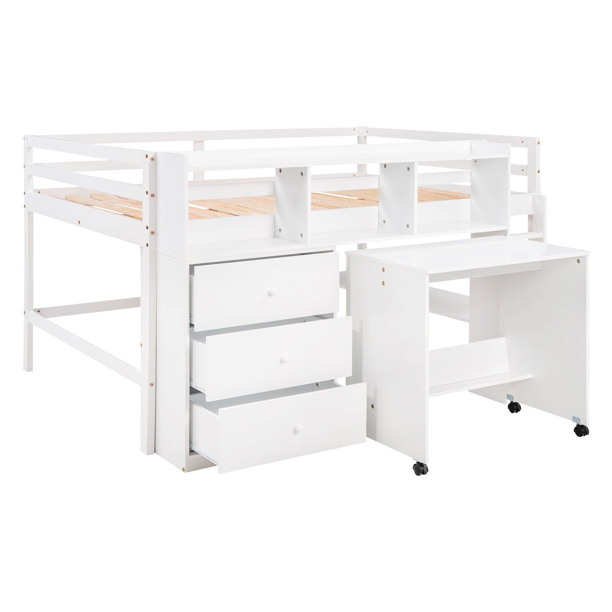 Full Size Low Loft Bed with Rolling Portable Desk, Drawers and Shelves, White - Korvel