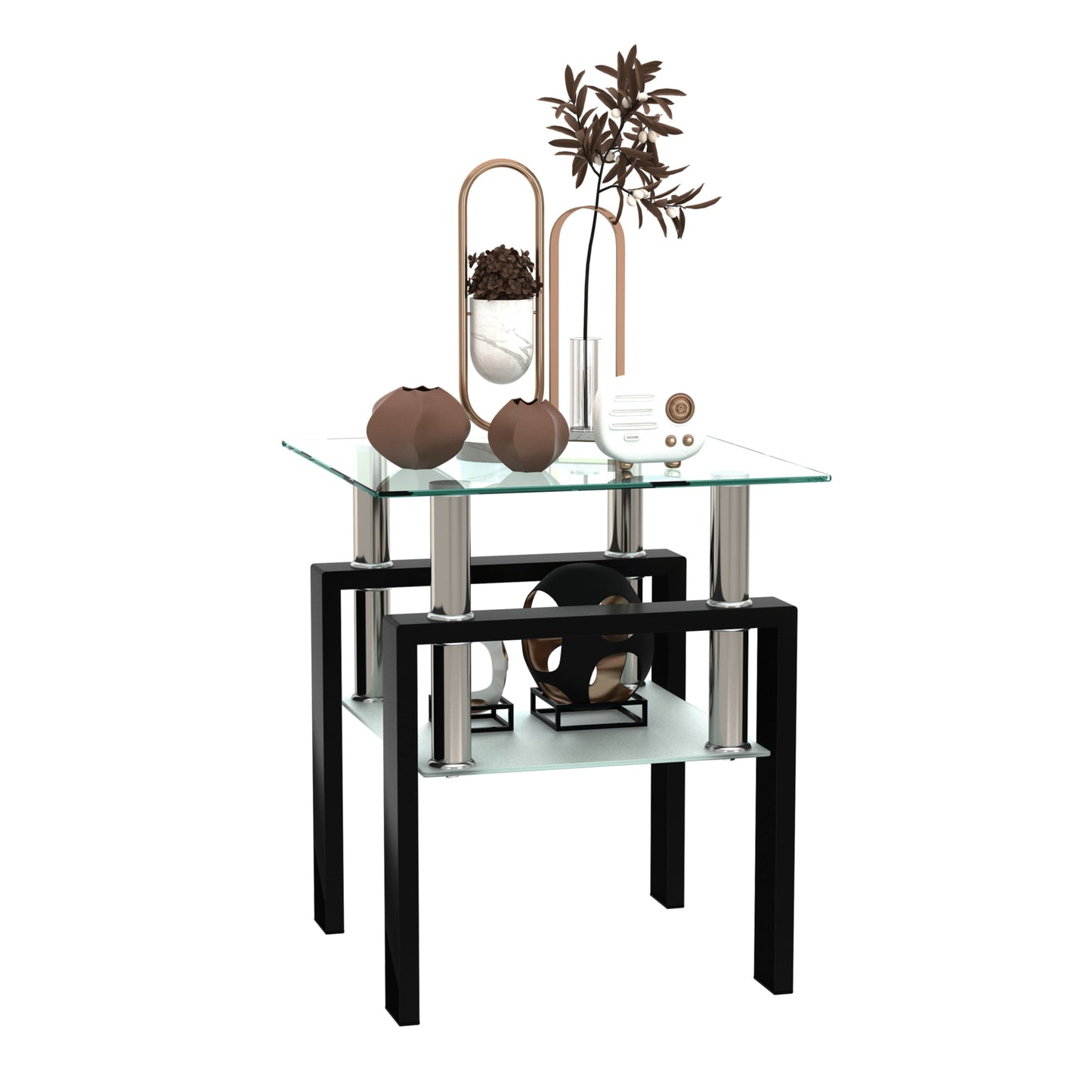 1-Piece Modern Tempered Glass Tea Table Coffee Table End Table, Square Table for Living Room, Transparent/Black - Korvel
