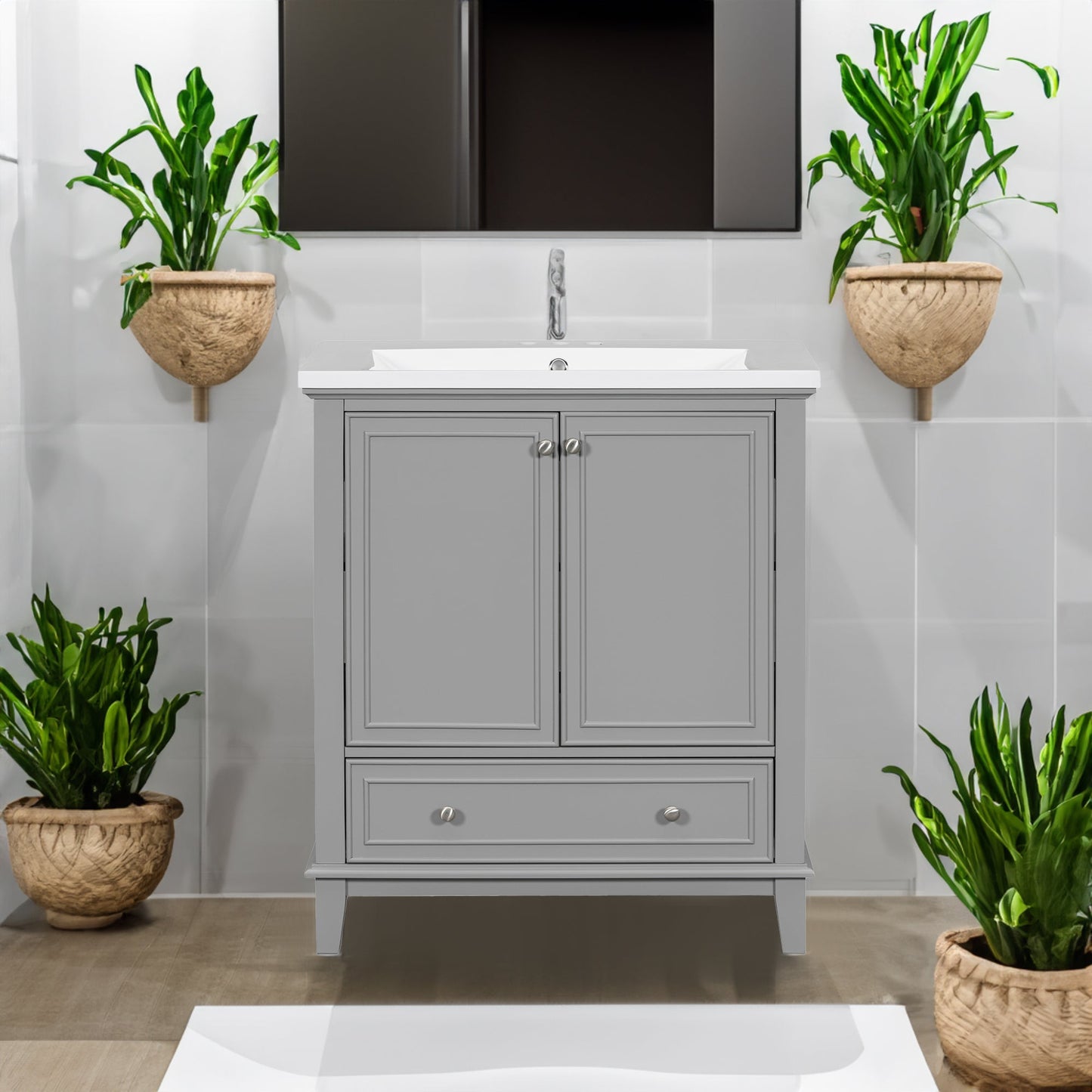 30inchgrey Bathroom Vanity with Sink ComboMulti-functional Bathroom Cabinet with Doors and Drawer Solid Frame and MDF Board - Korvel