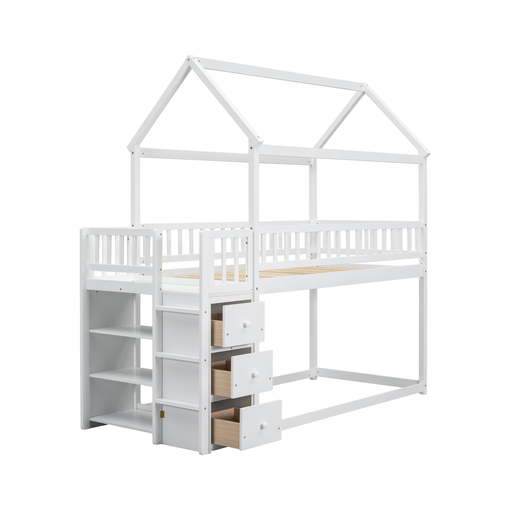 TWIN/TWIN HOUSE BUNK BED WITH SHELVES AND DRAWERS FOR WHITE COLOR - Korvel
