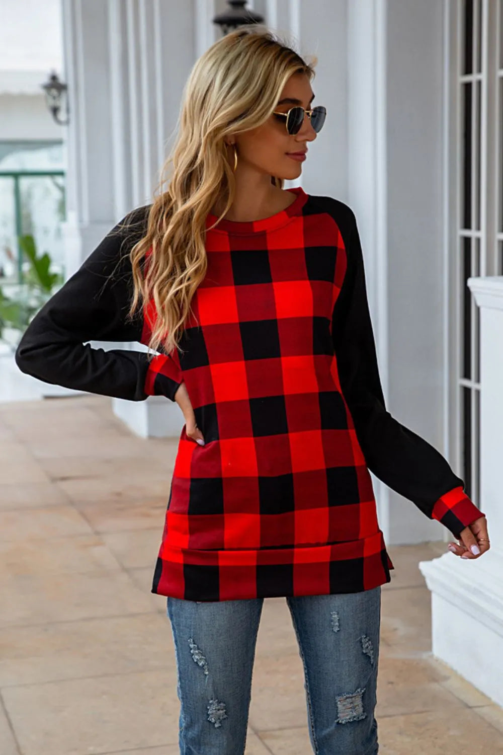 Plaid Round Neck Long Sleeve T-Shirt - Korvel