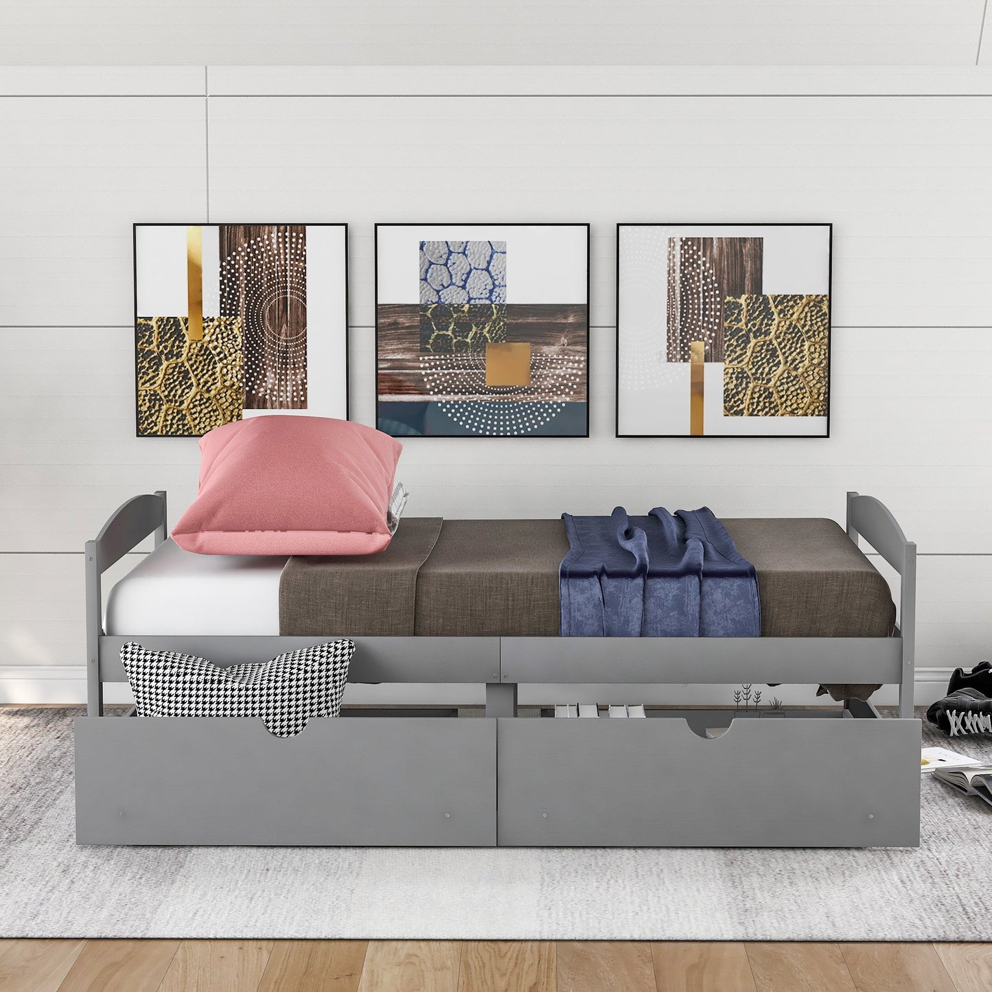 Twin size platform bed, with two drawers, gray - Korvel